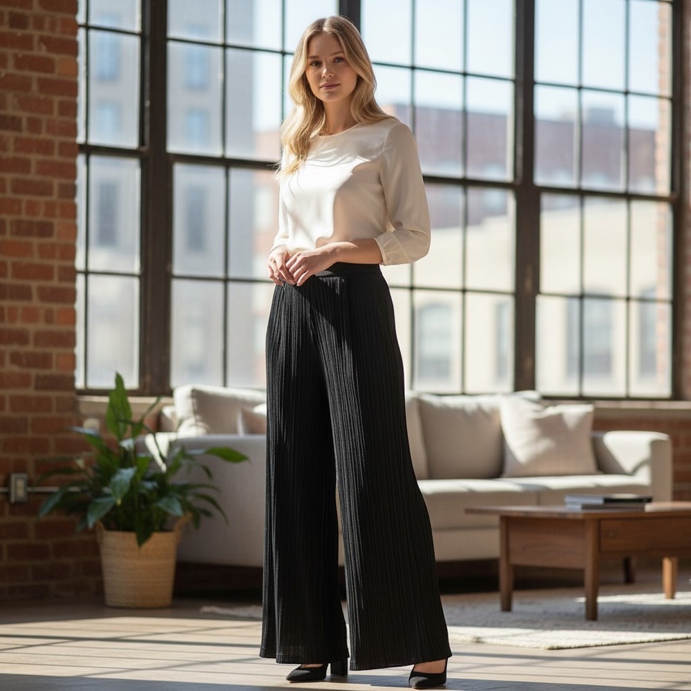 Niay Wide Leg Pants Black Pleated High Waist Trousers Size S Small